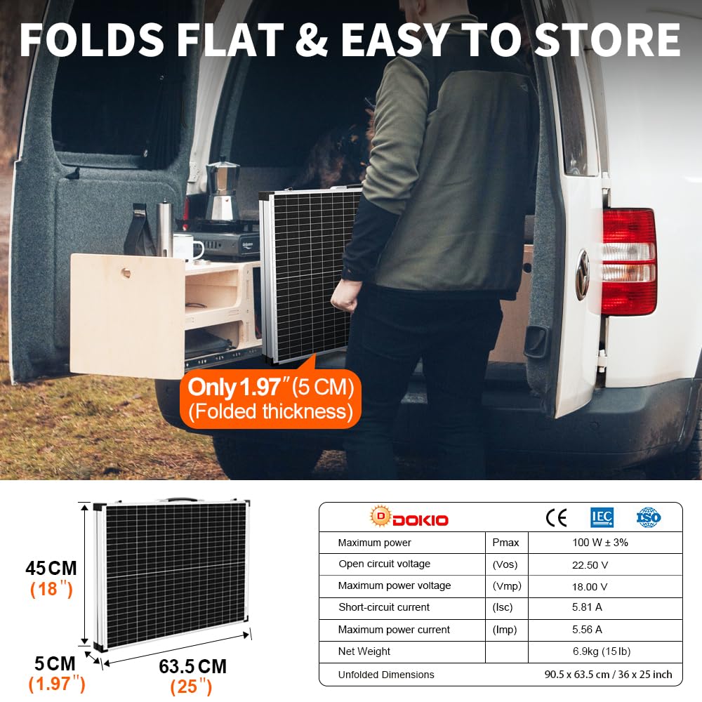 DOKIO Faltbares mobiles Solar-Panel 100 Watt mit monokristallinen Zellen, Integrierter 12-Volt-Lader