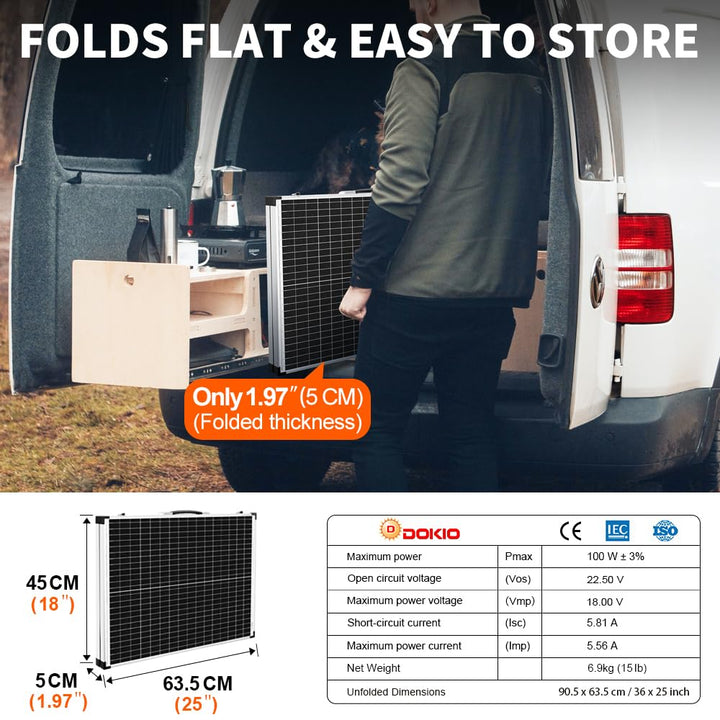 DOKIO Faltbares mobiles Solar-Panel 100 Watt mit monokristallinen Zellen, Integrierter 12-Volt-Lader