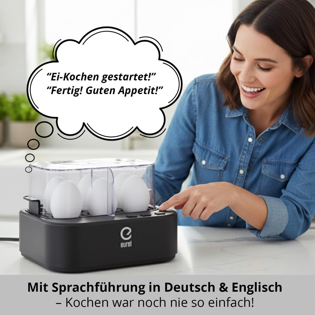 EUREL KJ42 Eierkocher 6 Eier – Automatischer Eierkocher mit Sprachfunktion, Ein-Knopf-Bedienung & Ab