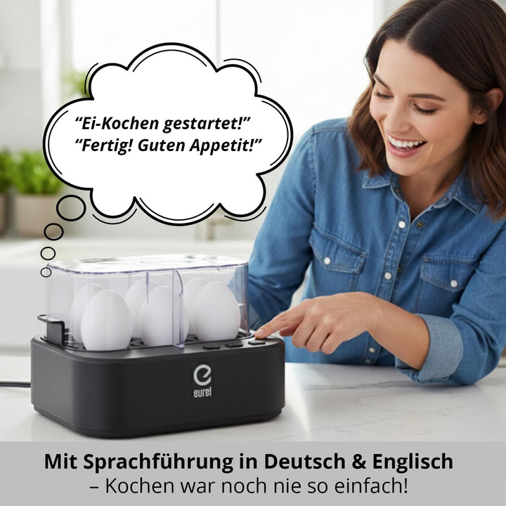EUREL KJ42 Eierkocher 6 Eier – Automatischer Eierkocher mit Sprachfunktion, Ein-Knopf-Bedienung & Ab
