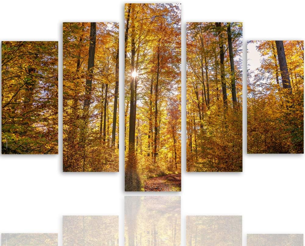 Feeby Bilder Modern Landschaft 5 Teilig Design Art Bäume Blätter Natur orange 100x70 cm Deco panel 1