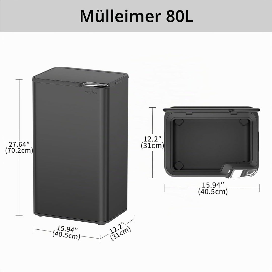 mVm Küchen &amp; Büromülleimer 80L, Edelstahl, Rechteckig, Mit Deckel &amp; Geruchsfilter, Sanftschliessend
