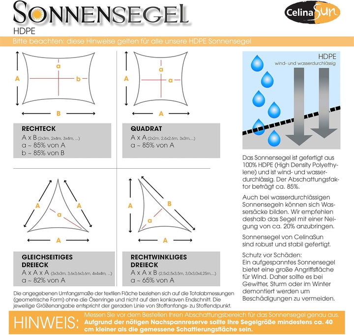 CelinaSun Sonnensegel inkl Befestigungsseile Premium HDPE wetterbeständig atmungsaktiv Quadrat 3 x 3
