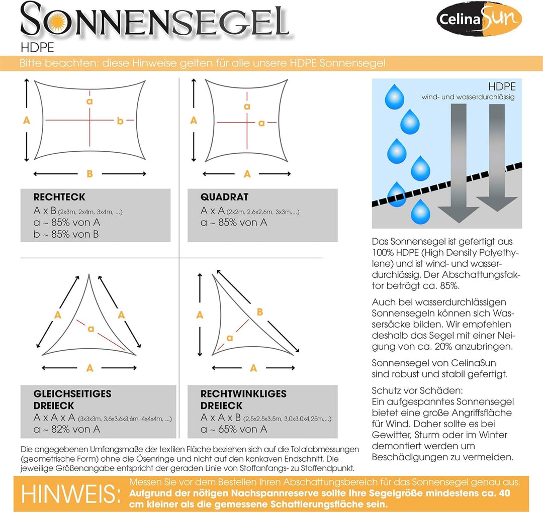 CelinaSun Sonnensegel inkl Befestigungsseile Premium HDPE wetterbeständig atmungsaktiv Quadrat 2 x 2