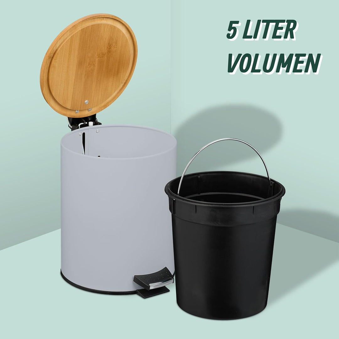 Relaxdays Kosmetikeimer 5 L, Absenkautomatik, Inneneimer entnehmbar, Badmülleimer, Metall, Bambus, m