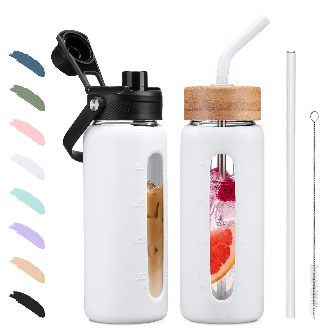 BLUEGO 600ml Glaswasserflasche mit Strohhalm und 2 Deckeln Kaffeetasse aus Glas mit Zeitmarkierung u