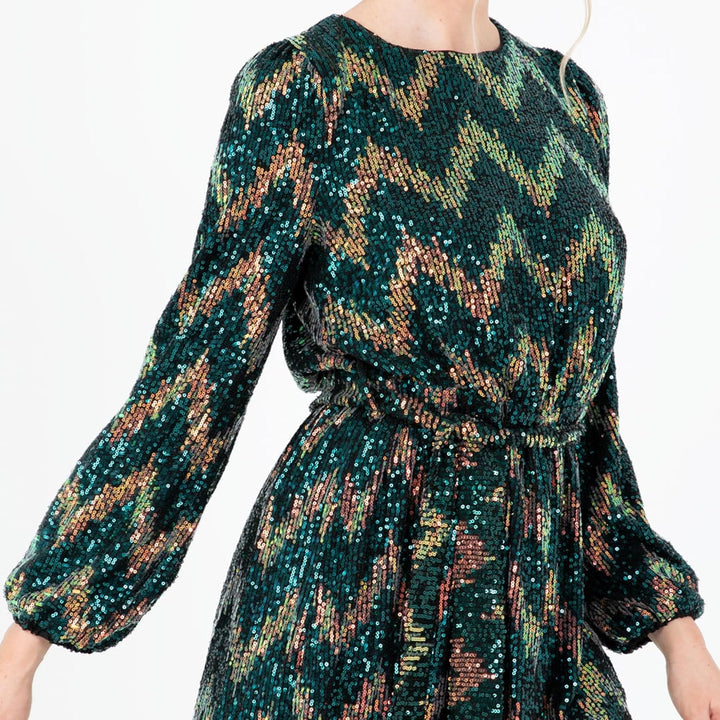 Women's Mini Dress Ladies Short Sequin Embellished Long Sleeve Round Neck Tie Belt Zig-Zag for Party