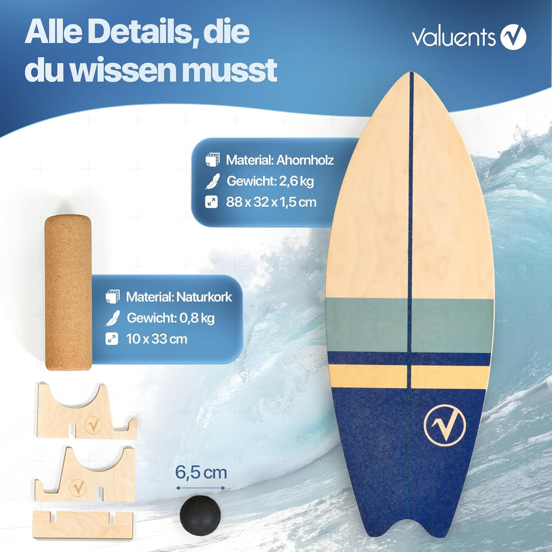 Balance Board aus Holz in Surfboard Form inkl. Rolle für Neuromuscular Response Training +Plus: Halt