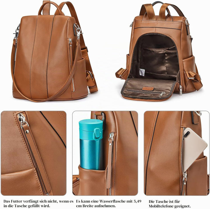 S-ZONE Damen-Rucksack, weiches Leder, Diebstahlschutz, Geldbörse, wasserdicht, Schultasche 2-braun,