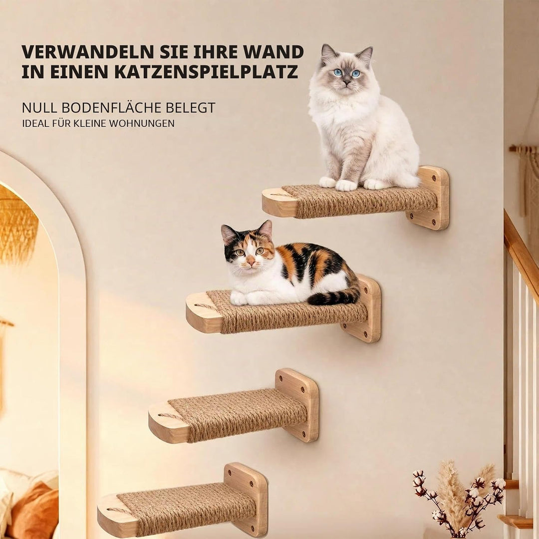 4pcs Katzentreppe Wand, Kletterwand Katzen aus Holz,Wandliege Kletterwand Katzen mit Juteseil zum Kr