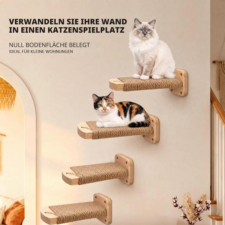 4pcs Katzentreppe Wand, Kletterwand Katzen aus Holz,Wandliege Kletterwand Katzen mit Juteseil zum Kr