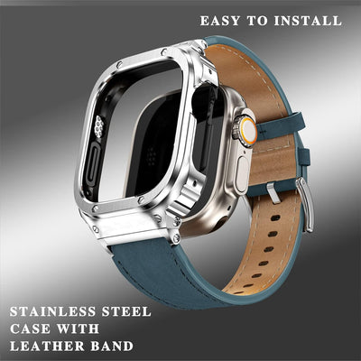 SUPLINK Metallgehäuse mit Lederarmband Kompatibel mit Apple Watch Armbändern 49mm,Robuste Edelstahl