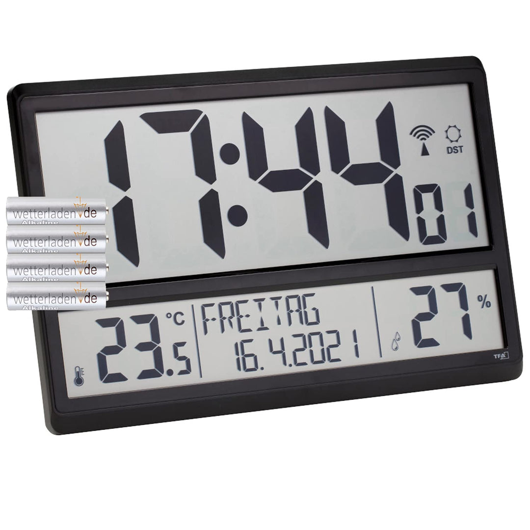 TFA Dostmann 60.4520.01 Digitale XL-Funkuhr Wanduhr mit Innentemperatur, Datum und Wochentag (schwar