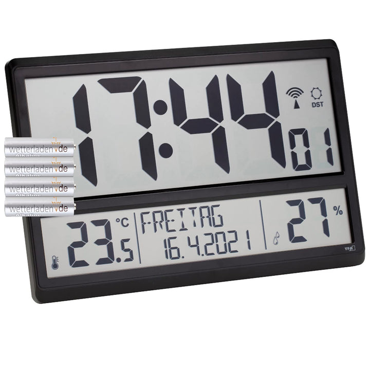 TFA Dostmann 60.4520.01 Digitale XL-Funkuhr Wanduhr mit Innentemperatur, Datum und Wochentag (schwar
