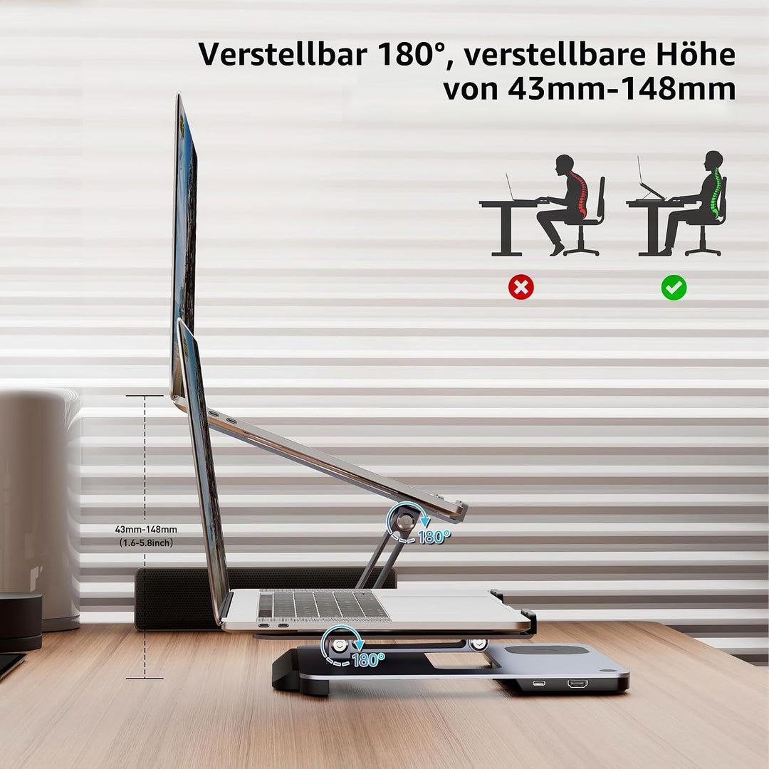 BENFEI Aluminium Laptop Ständer mit USB C 6in1 Dockingstation,15W Mag-Safe Ladegerät Magnetisches, U