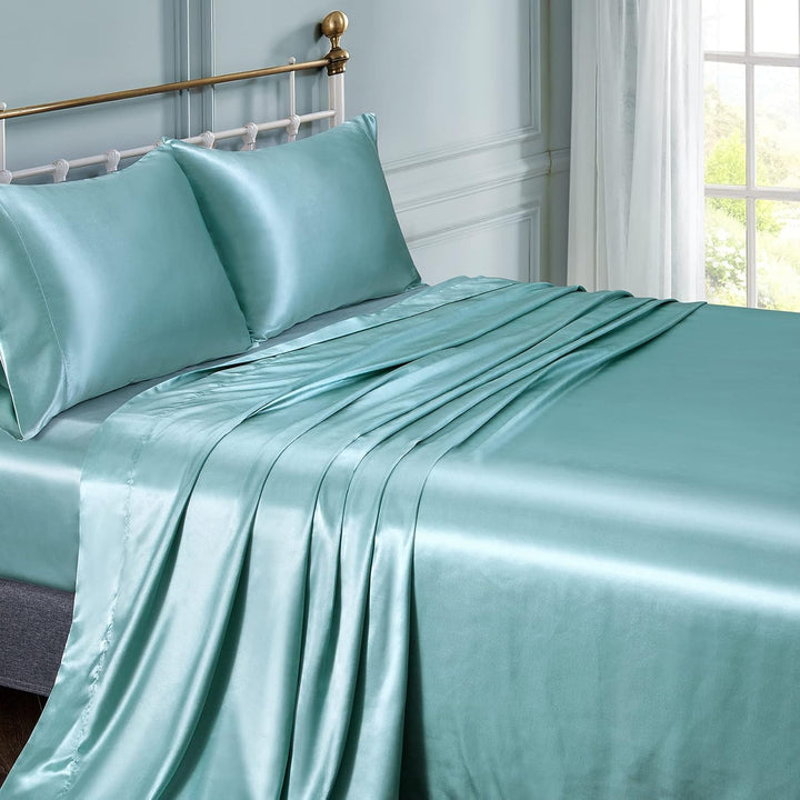 Vonty Satin-Bettlaken für King-Size-Betten, seidig weiches Satin, Aqua-Satin, 1 Spannbetttuch mit ti