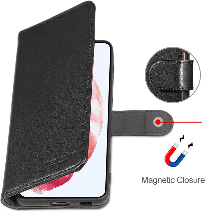 LENSUN Echtleder Hülle für Samsung Galaxy S21, Handyhülle [Echtes Leder] [Magnetverschluss] [RFID Sc