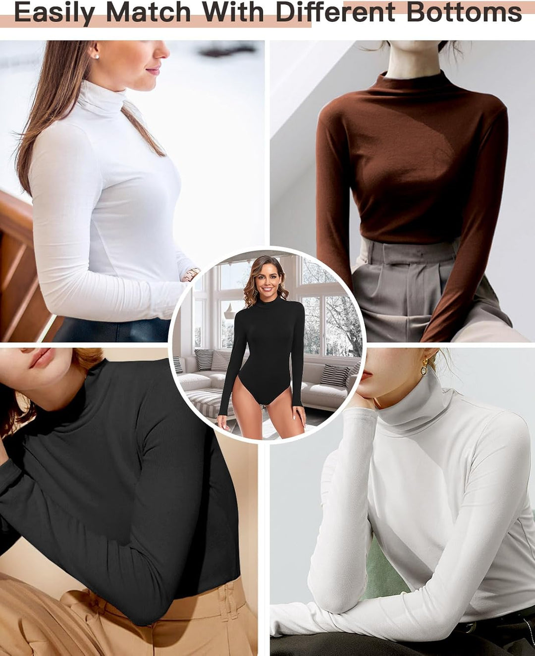 WOWENY Damen Body Langarm mit Stehkragen - Thermo Bodysuit Fleece Oberteile Shirts Rolli Pullover Ro