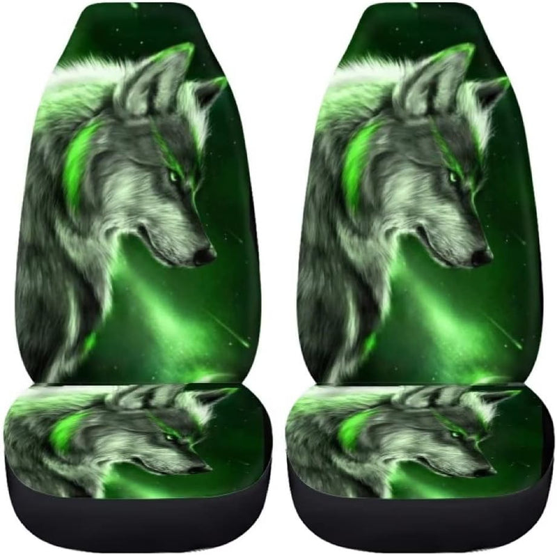 chaqlin Galaxy Green Wolf Auto Sitzbezug Set,4 Pcs Universal Auto Vordersitzbezüge Tier Wolf Hinter