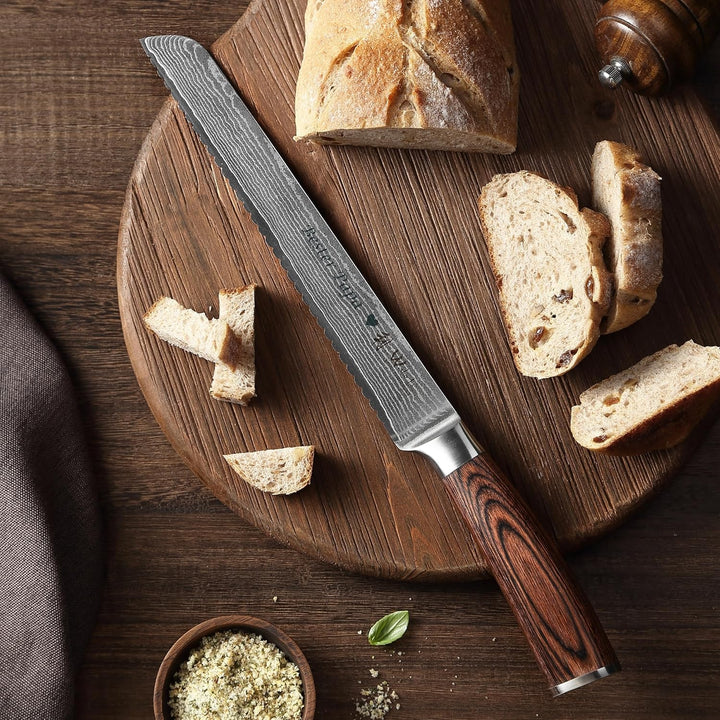 Wakoli EDIB Damast Brotmesser mit Gravur – Personalisiertes Brotmesser, 23cm Wellenschliff-Klinge au