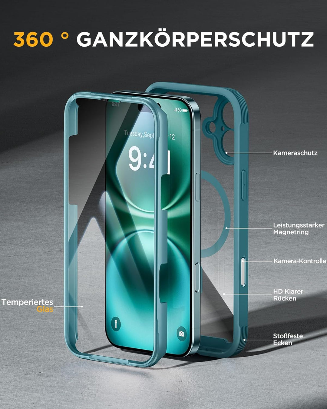 Miracase 360 Grad für iPhone 16 Hülle mit Magsafe, Eingebaut Glas Schutzfolie, Komplettschutz HandyH