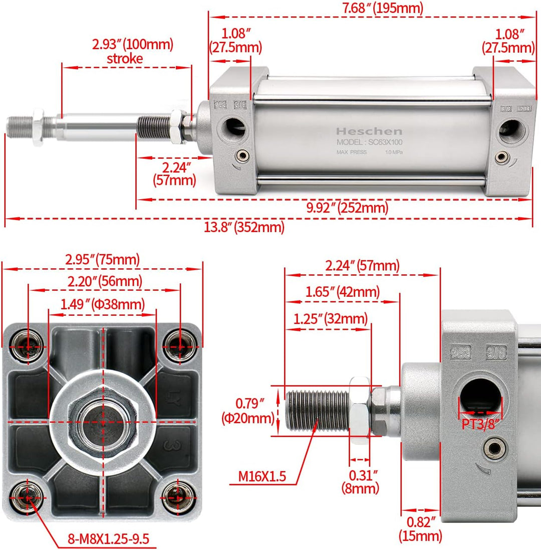 Heschen Pneumatischer Standard-Luftdruckzylinder, SC 63-100, PT3/8'' Anschluss, 63mm Bohrung, 100mm