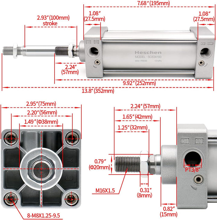 Heschen Pneumatischer Standard-Luftdruckzylinder, SC 63-100, PT3/8'' Anschluss, 63mm Bohrung, 100mm