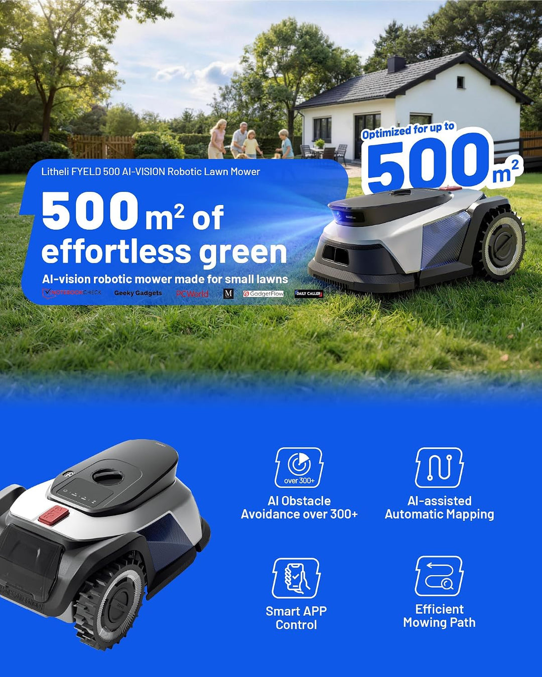 Litheli FYELD 500 Mähroboter ohne Begrenzungskabel, KI-Vision Rasenmäher Roboter 22 Zentimeter, 22 Z