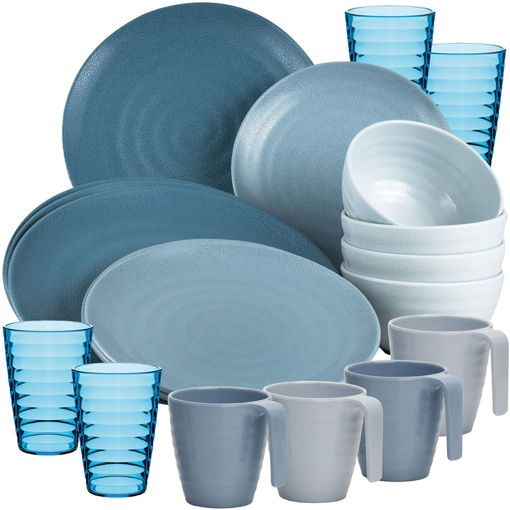 Melamin Camping Geschirr Set 20 Teile elegante in blau mit Wasserglas Tassen - für 4 Personen - Essg