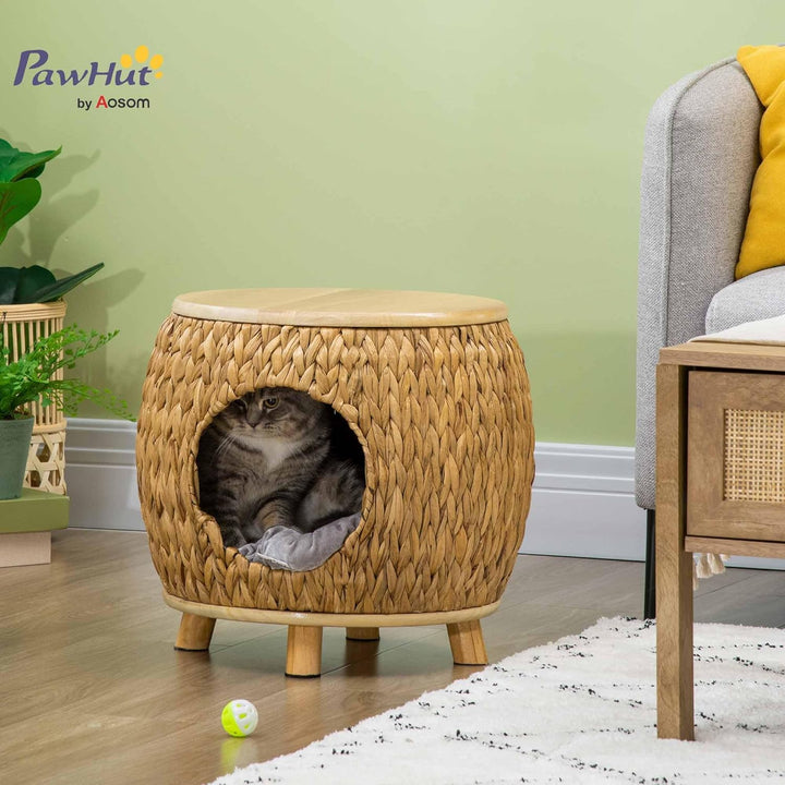 PawHut Rattan Katzenhöhle Katzenbett mit Kissen Katzenhaus Katzenzelt Haustierhaus Hellbraun+Grau 44