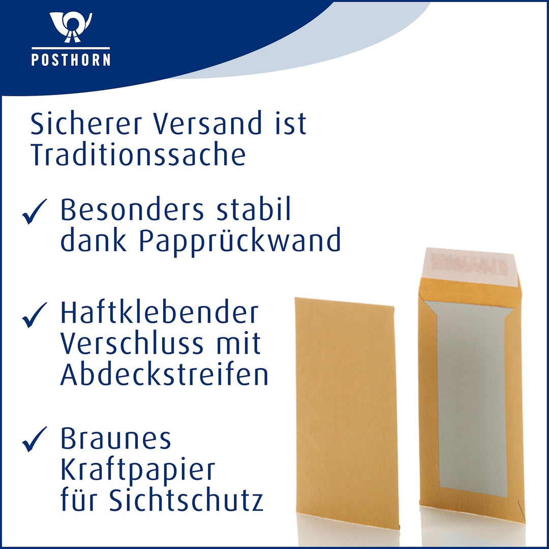 POSTHORN Papprückwandtasche (100 Stück), haftklebende Versandtasche mit Papprückwand, braune Versand