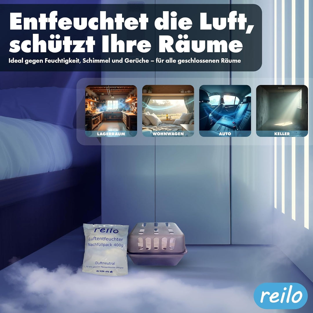 24x 400g reilo Raum- Luftentfeuchter Granulat im Vliesbeutel - Nachfüllpack, 24