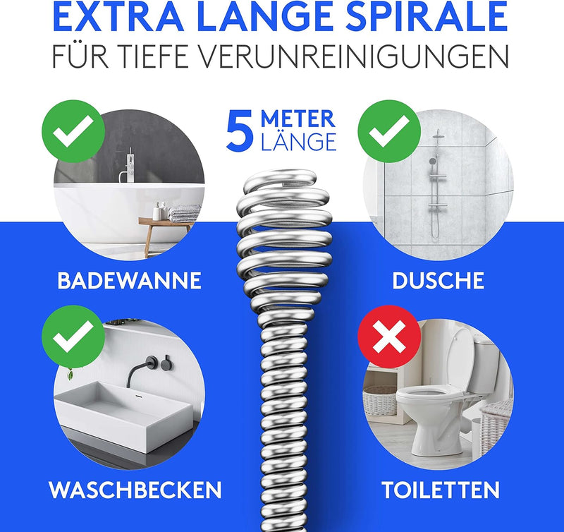 Meisterfaktur Rohrreinigungsspirale Pro [5 m] - innovativer Mechanismus - Ideale Abflussspirale für