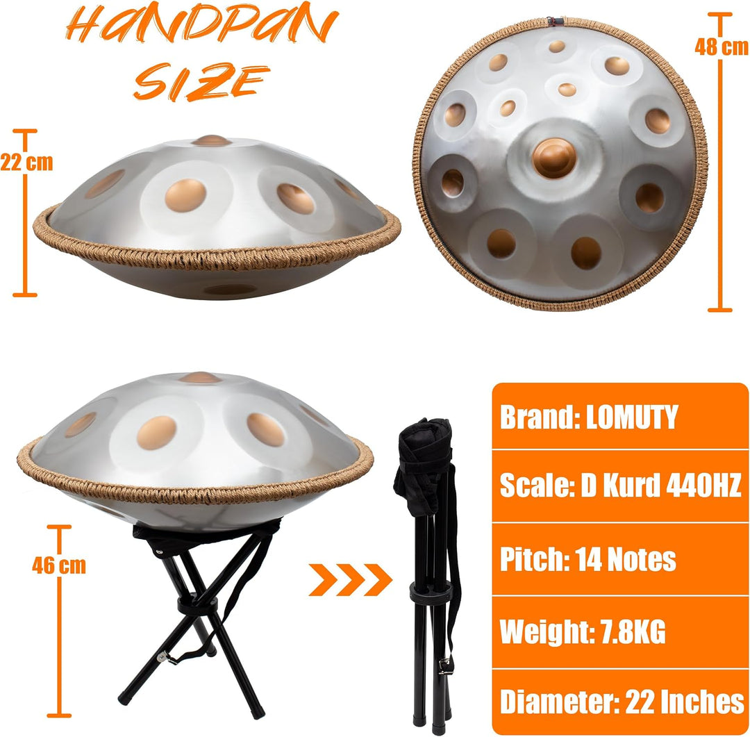 Handpan 440 HZ Fortgeschrittene, Stahltrommel 14 Töne 22 Zoll, Hand Pan in D-Moll, Hand Drum mit Dru