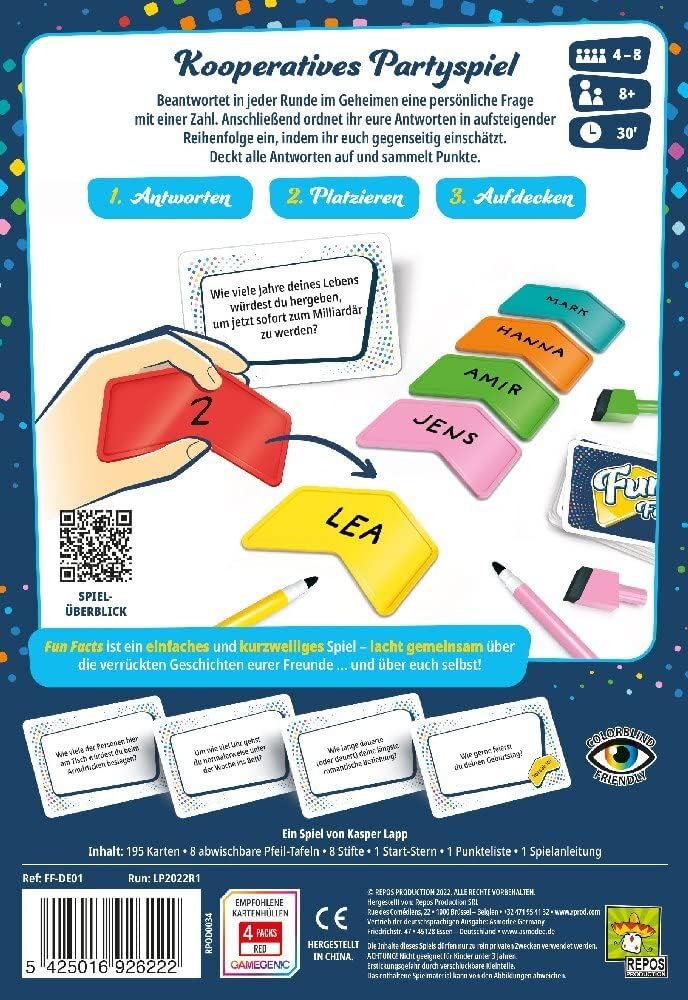 Repos Production, Fun Facts, Partyspiel, Kartenspiel, 4-8 Spieler, Ab 8+ Jahren, 30 Minuten, Deutsch