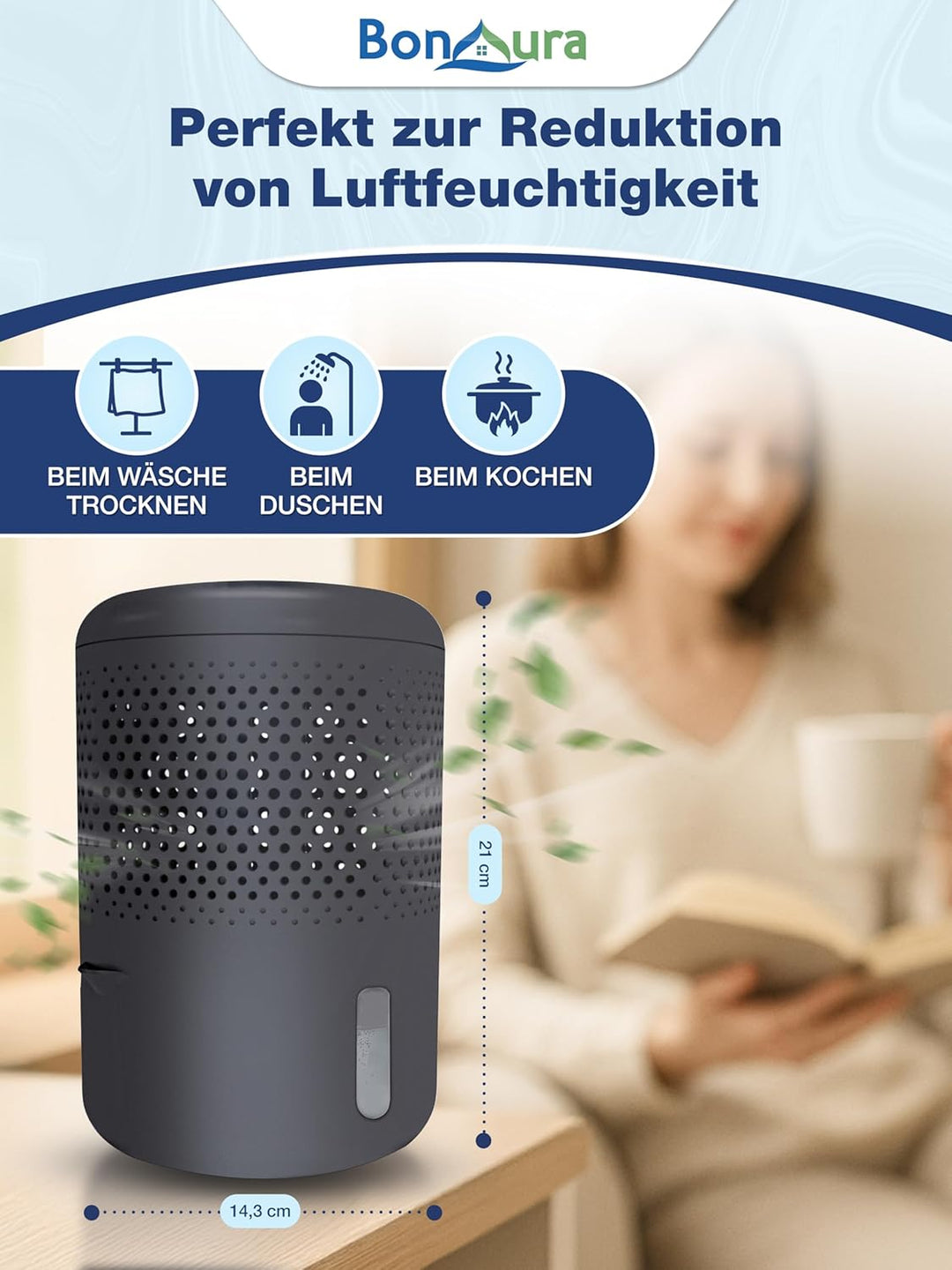 BonAura® Luftentfeuchter ohne Strom | Raumentfeuchter bis 23m² für Keller, Bad | mit 680g Luftenfeuc
