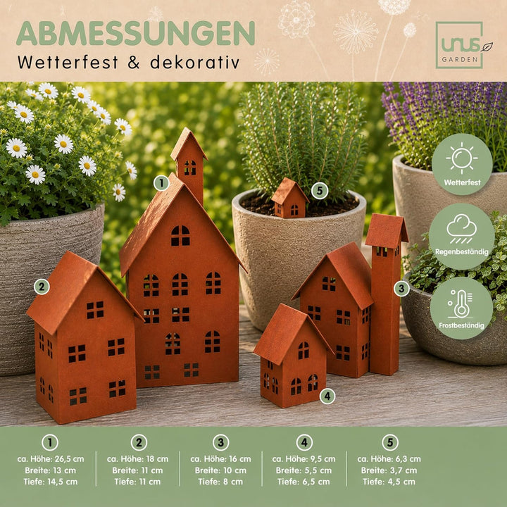UNUS Deko Häuser 5er Set, Lichthäuser aus Metall für Garten, Terrasse, Balkon oder Zuhause (Rost), R