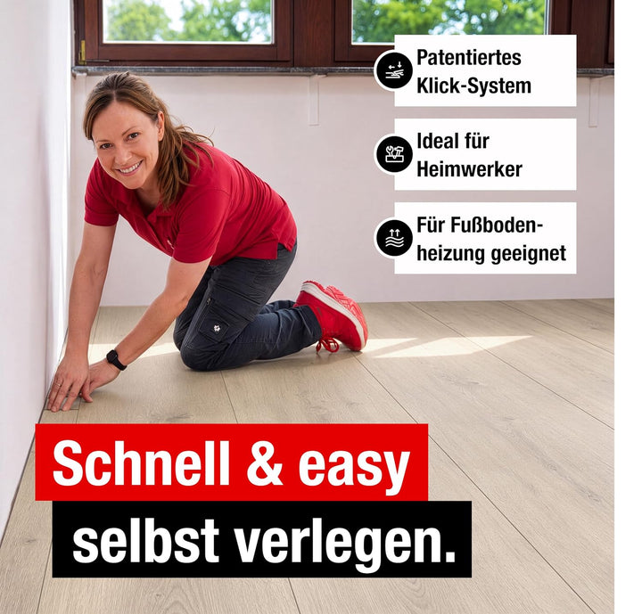 Premium Klick-Laminat-Boden, 2,54 m², inkl. kostenlose Trittschalldämmung &amp; Fussleisten, Stärke 8 mm