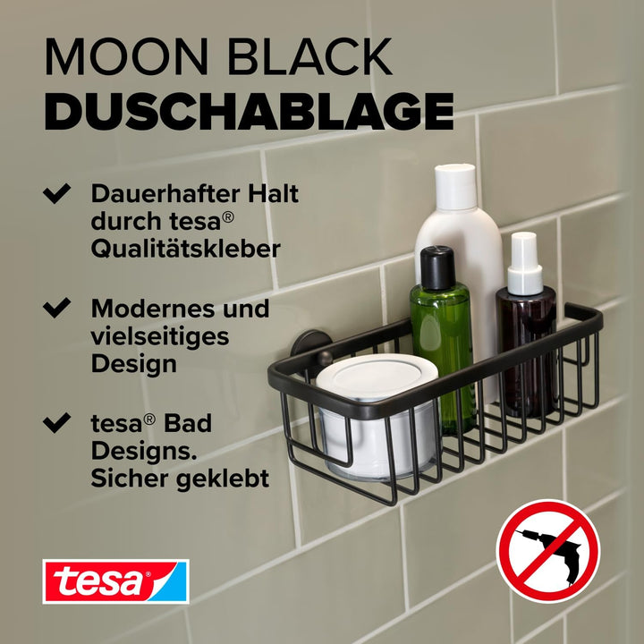 tesa Moon Black Duschablage zur Wandmontage ohne Bohren, schwarz matt - einstöckig und extra tief -