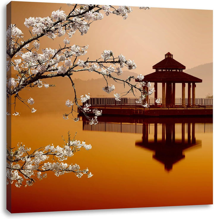 Pixxprint Kirschbaum an See als Leinwandbild/Grösse: 70x70 cm/Wandbild/Kunstdruck/fertig bespannt, 7