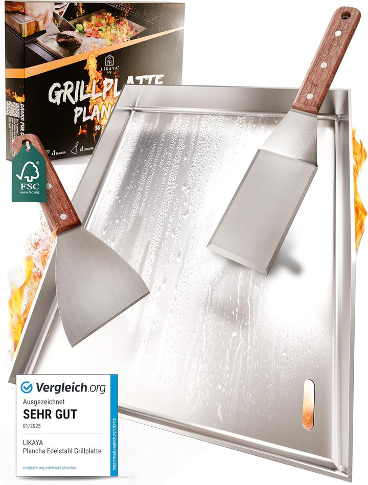 LIKAYA® Grillplatte/Plancha [30 x 40 x 4cm], massiver 4mm V2A Edelstahl inkl. 2x Grillspachteln mit