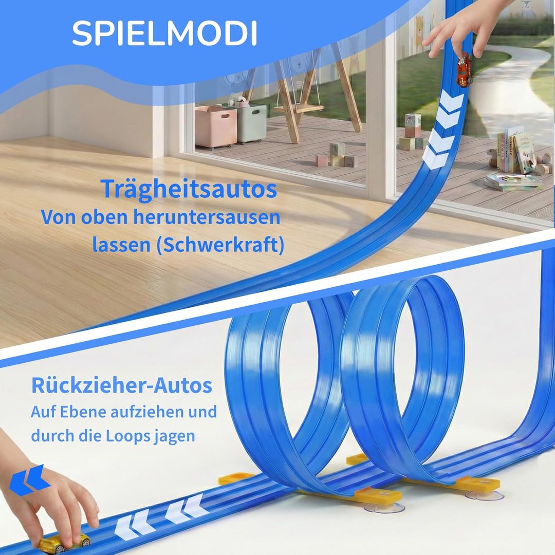 3-Spur Flexible Autorennbahn Set mit 2 Loopings (5M), Rennbahn mit Autos & Tragtasche, Schwerkraft &