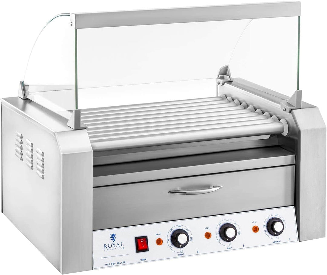 Royal Catering - Hot Dog Grill Hot Dog Maschine (9 Rollen, Edelstahl, 2.200 W, 2 Heizzonen, herausne