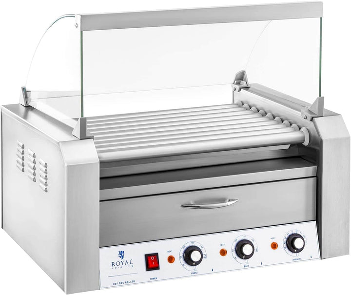 Royal Catering - Hot Dog Grill Hot Dog Maschine (9 Rollen, Edelstahl, 2.200 W, 2 Heizzonen, herausne