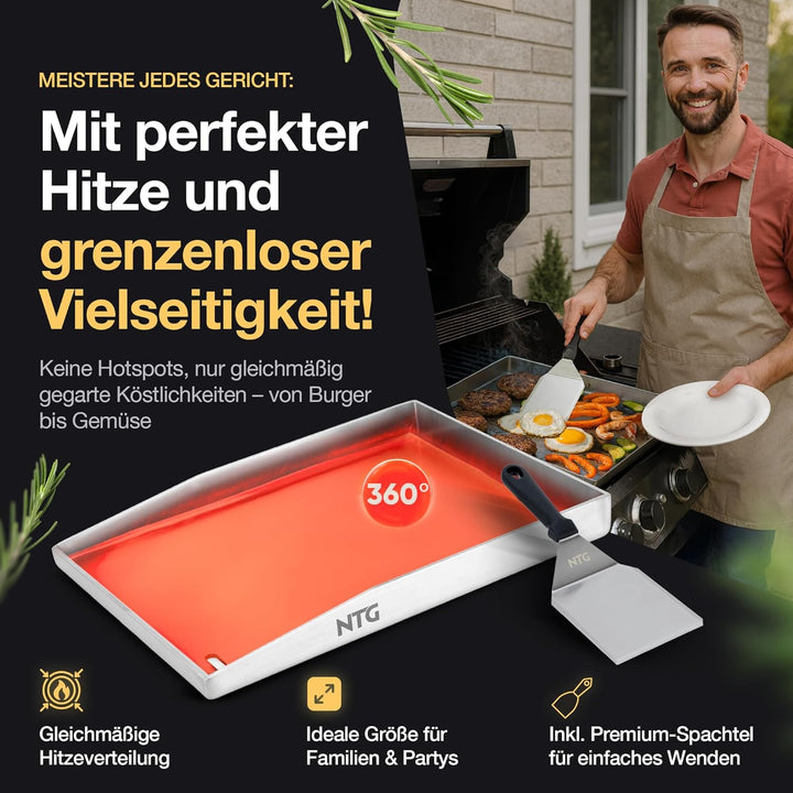 NTG - Grillplatte aus 4mm rostfreiem Edelstahl [40 x 30cm] - Plancha mit Fettablauf und Grillspachte