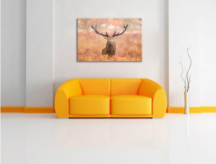 Pixxprint Hirsch im Feld als Leinwandbild/Grösse: 100x70 cm/Wandbild/Kunstdruck/fertig bespannt, 100