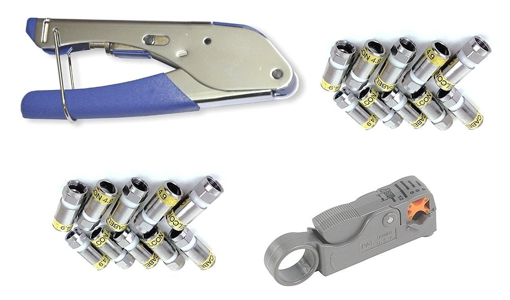 Cabelcon Set bestehend aus Kompressionszange Pocket Tool + Cable Stripper + 20 Stück Kompressions-F-