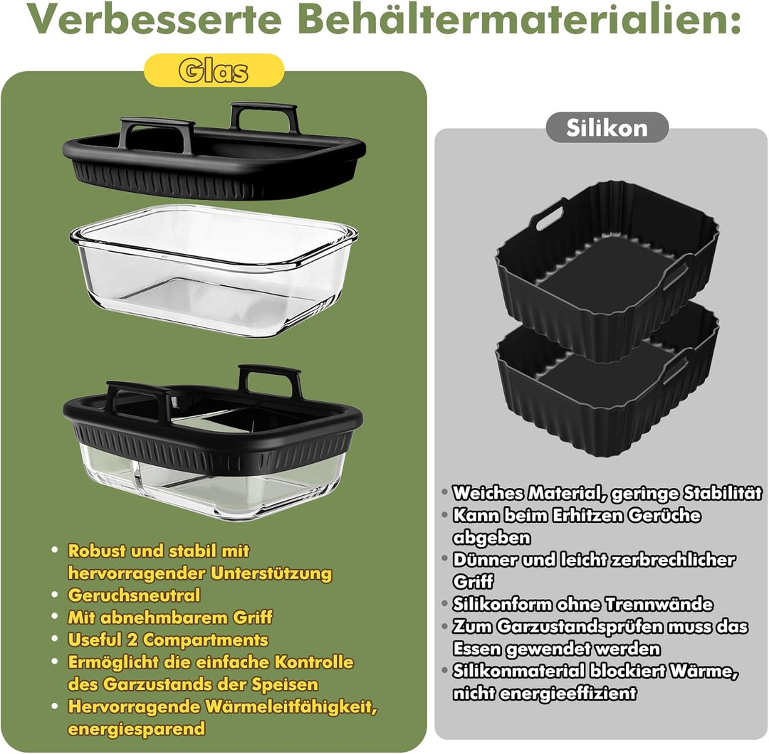 2er Set Glas Auflaufform für Airfryer mit Silikongriffen für Ninja Heissluftfritteuse Zubehör AF400E