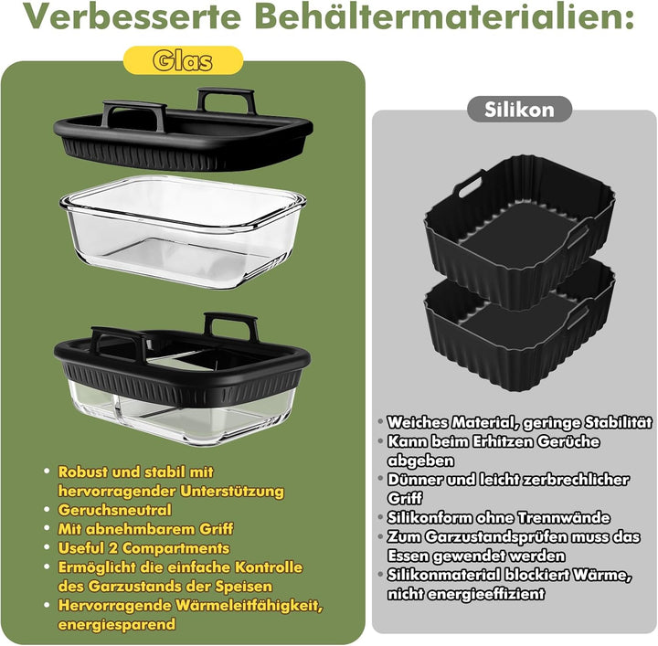 2er Set Glas Auflaufform für Airfryer mit Silikongriffen für Ninja Heissluftfritteuse Zubehör AF400E