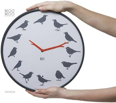 KOOKOO UltraFlat Grau, Moderne Singvogeluhr mit 12 heimischen Vogelstimmen, Grau